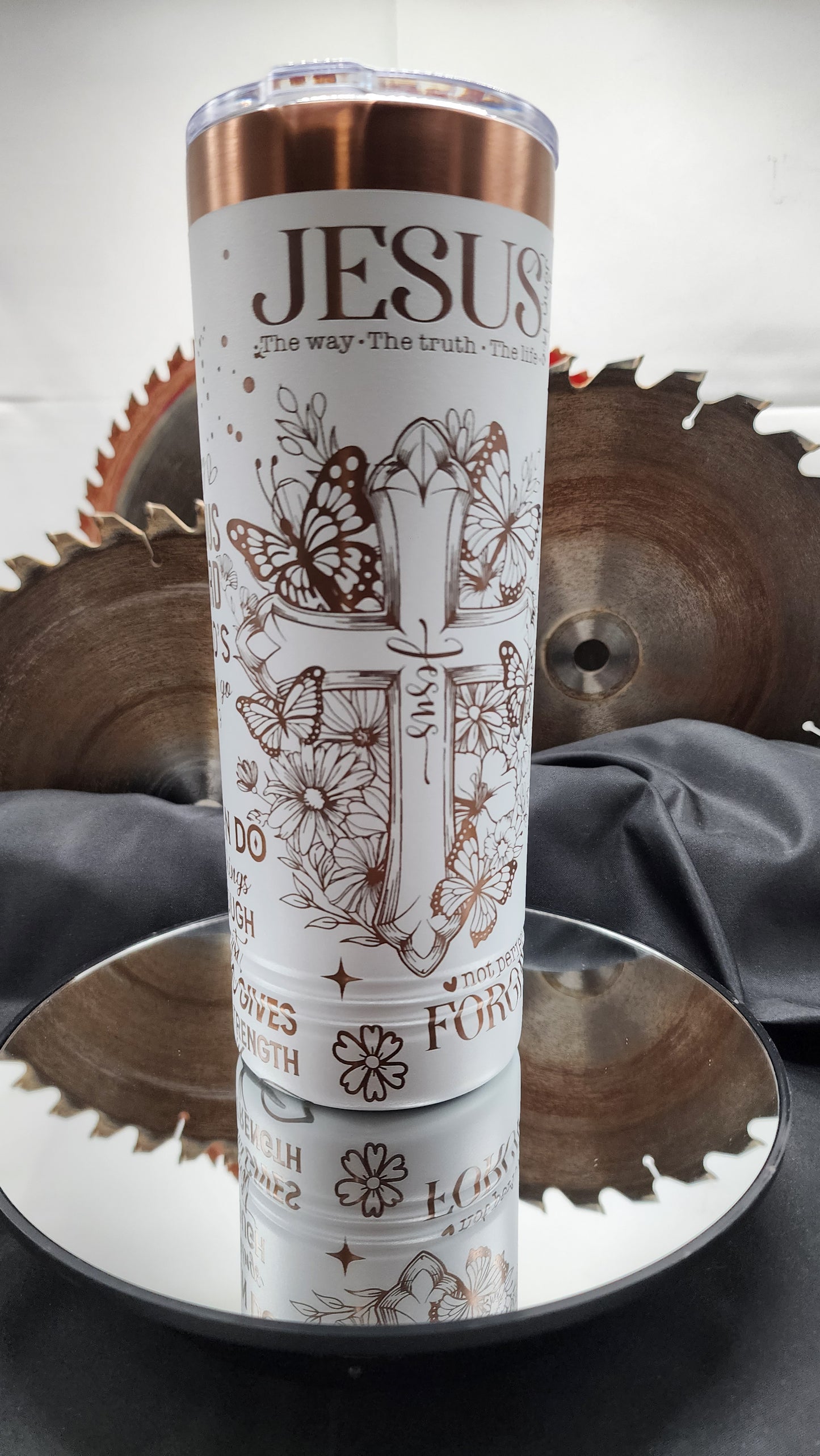 22oz Polar Camel Skinny Tumbler – White with Rose Gold Engraved Faith Message