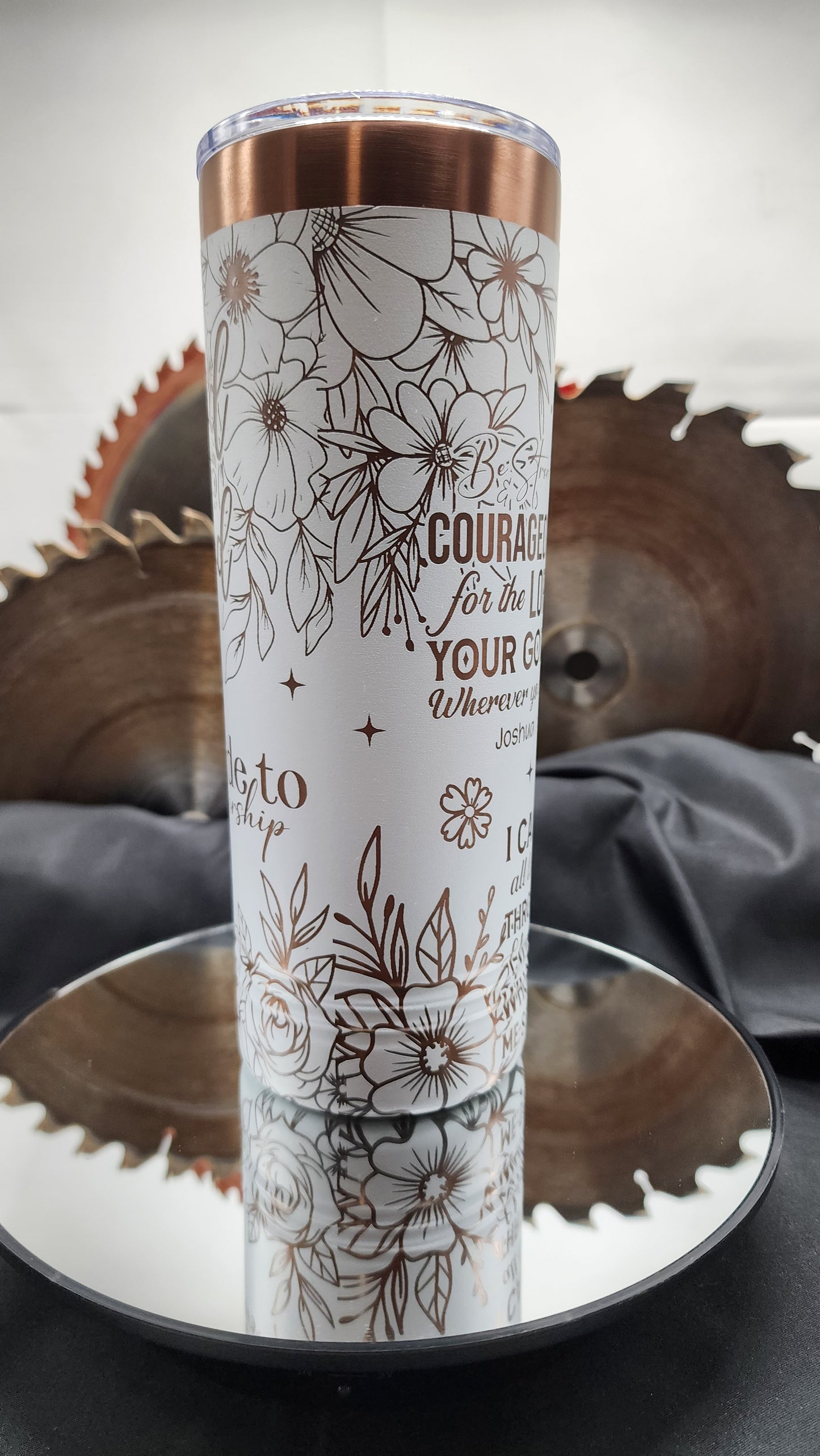 22oz Polar Camel Skinny Tumbler – White with Rose Gold Engraved Faith Message