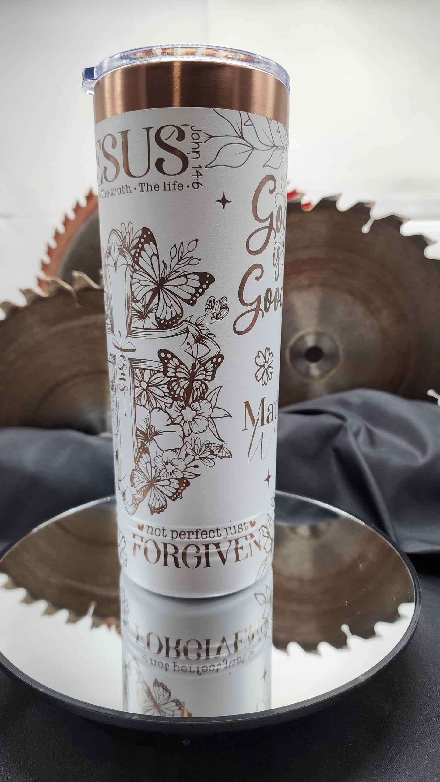 22oz Polar Camel Skinny Tumbler – White with Rose Gold Engraved Faith Message