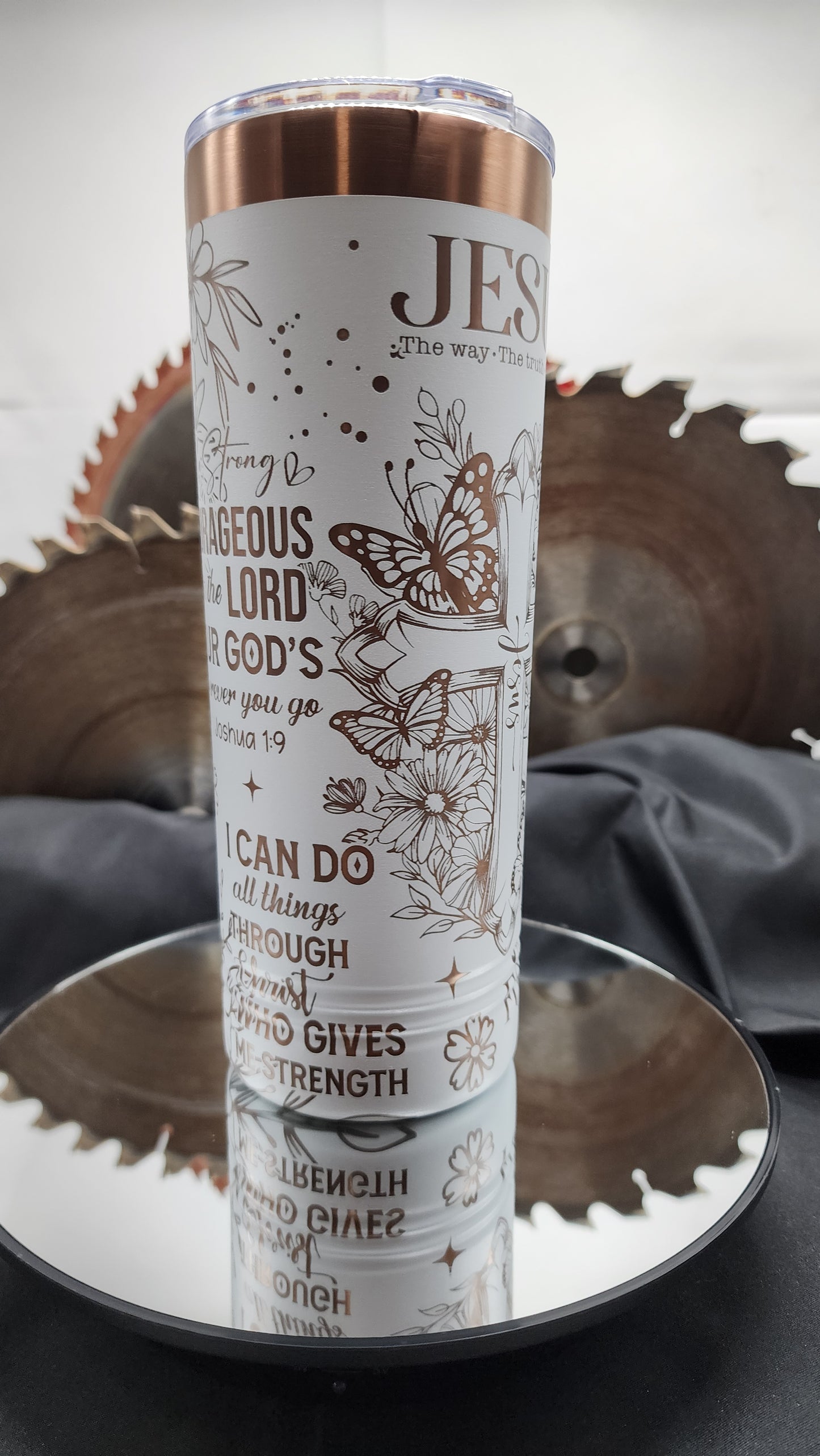 22oz Polar Camel Skinny Tumbler – White with Rose Gold Engraved Faith Message