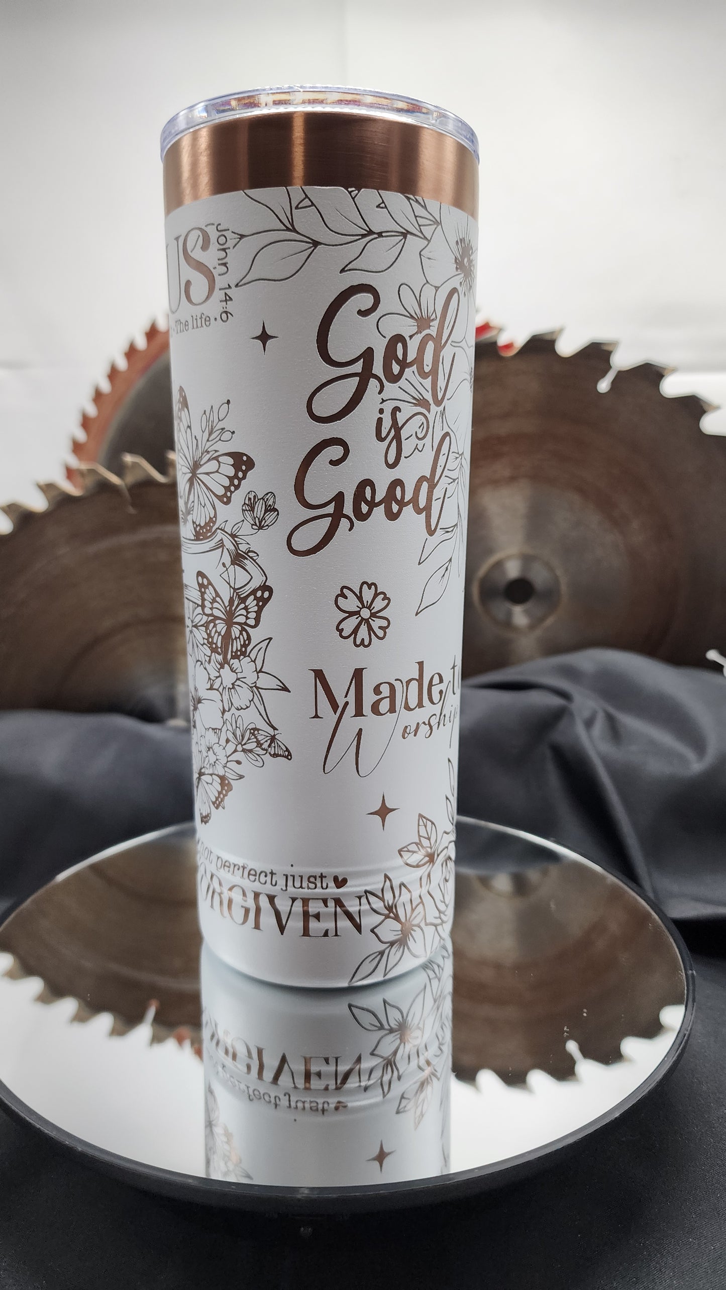 22oz Polar Camel Skinny Tumbler – White with Rose Gold Engraved Faith Message
