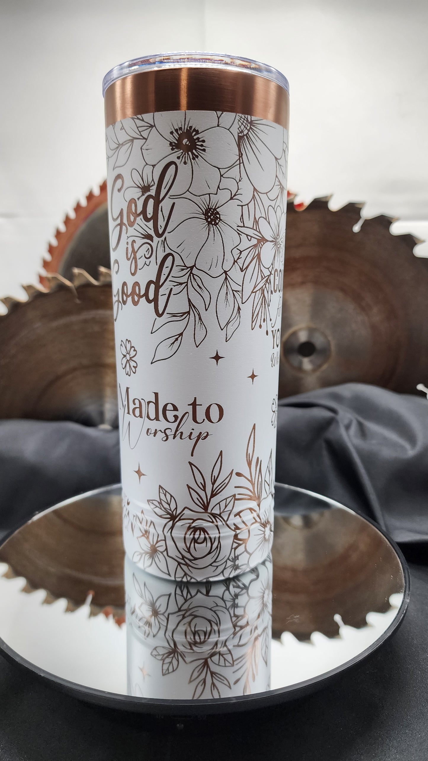 22oz Polar Camel Skinny Tumbler – White with Rose Gold Engraved Faith Message