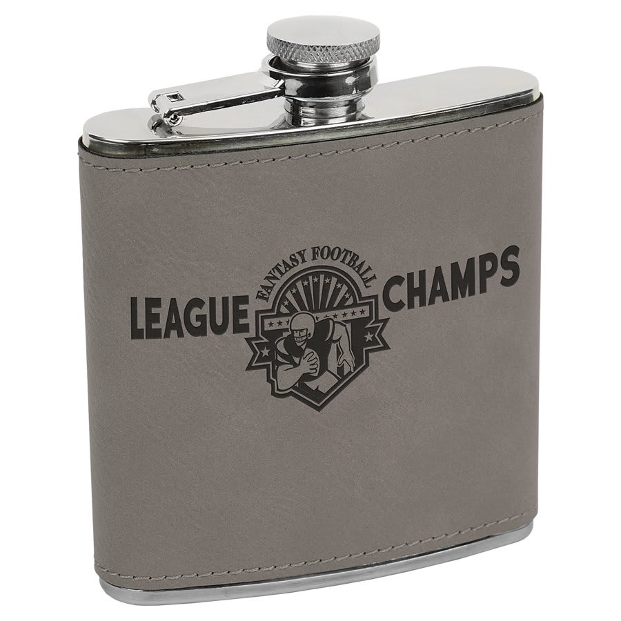 Gray Laserable Leatherette Stainless Steel 6 oz. Flask