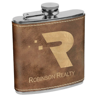 Rustic/Gold Laserable Leatherette Stainless Steel 6 oz. Flask