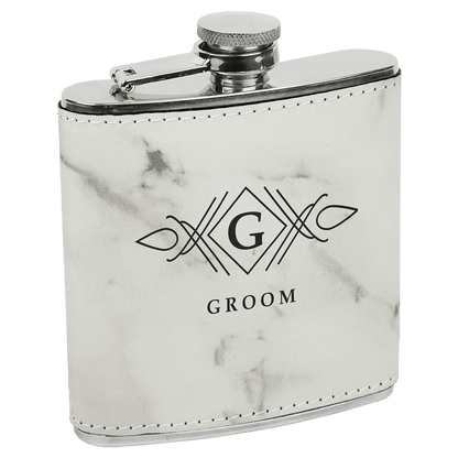 White Marble Laserable Leatherette Stainless Steel 6 oz. Flask