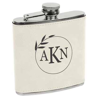 White/Black Laserable Leatherette Stainless Steel 6 oz. Flask