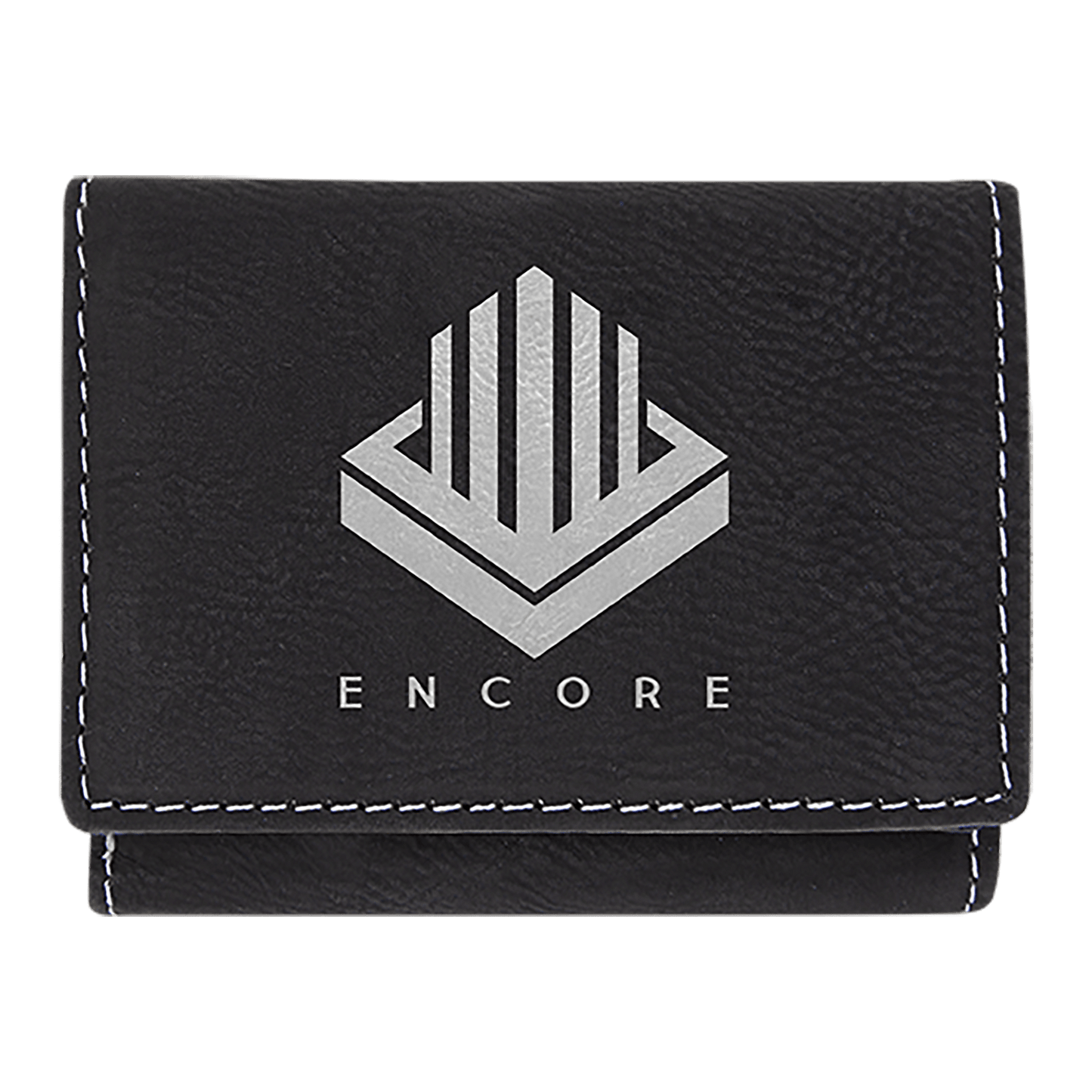 Black/Silver 3" x 4" Laserable Leatherette Trifold Wallet