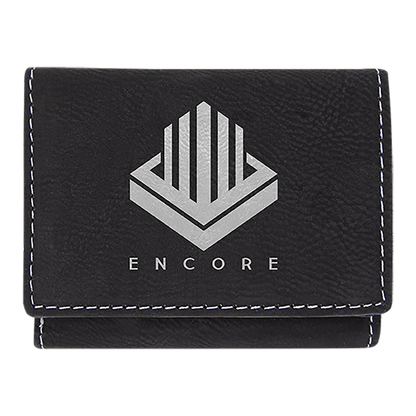 Black/Silver 3" x 4" Laserable Leatherette Trifold Wallet