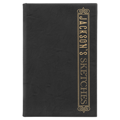 Black/Gold 5 1/4" x 8 1/4" Laserable Leatherette Sketch Book with Unlined Notepad
