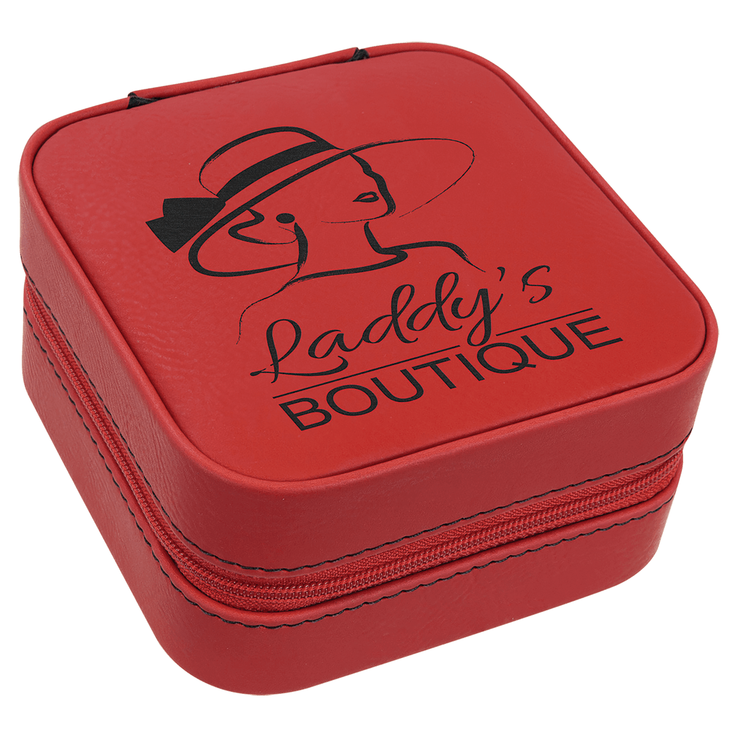 Red Laserable Leatherette Travel Jewelry Box with Black 4" X 4" Lining