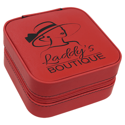 Red Laserable Leatherette Travel Jewelry Box with Black 4" X 4" Lining