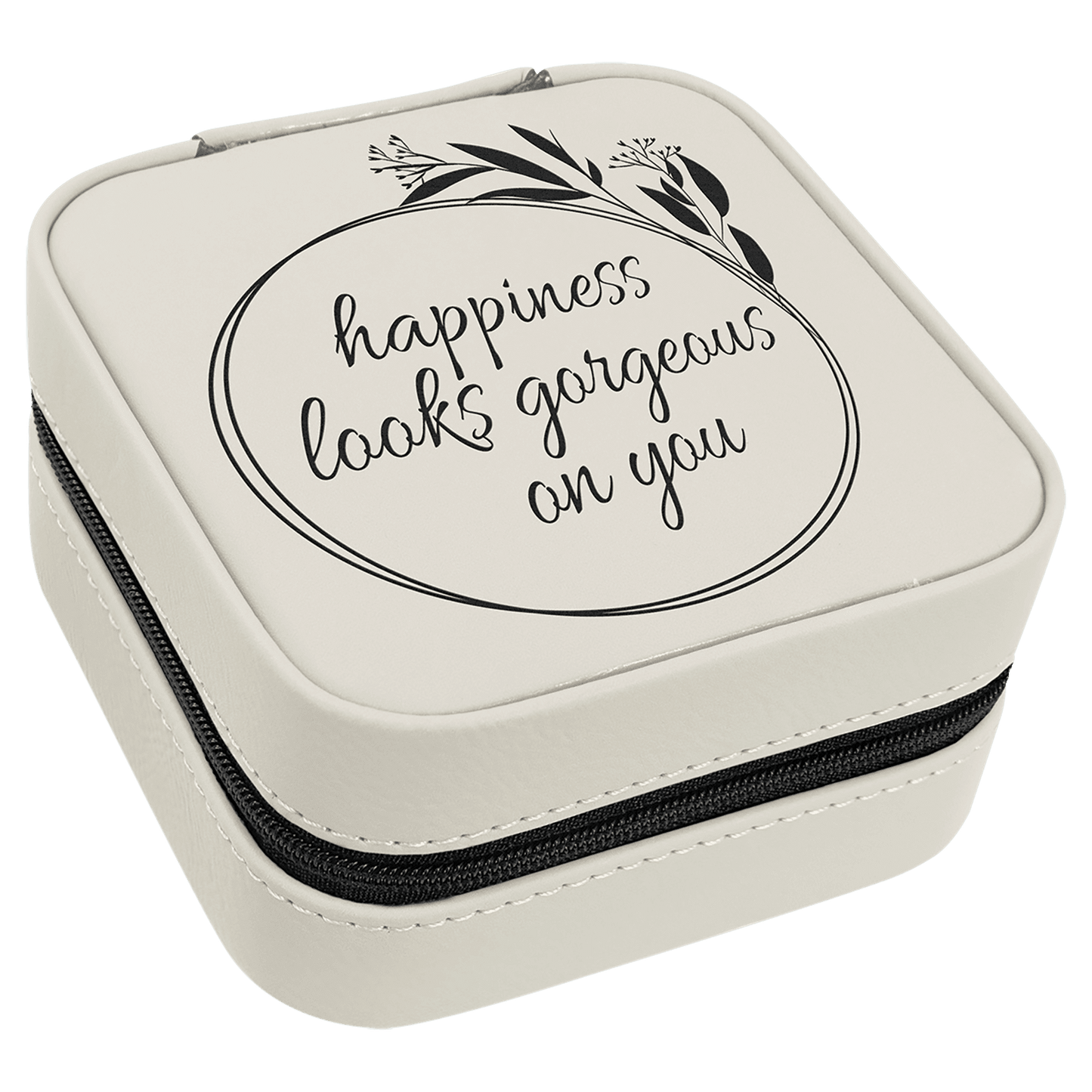 White/Black Laserable Leatherette Travel Jewelry Box with Black 4" X 4" Lining