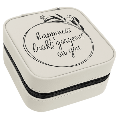 White/Black Laserable Leatherette Travel Jewelry Box with Black 4" X 4" Lining