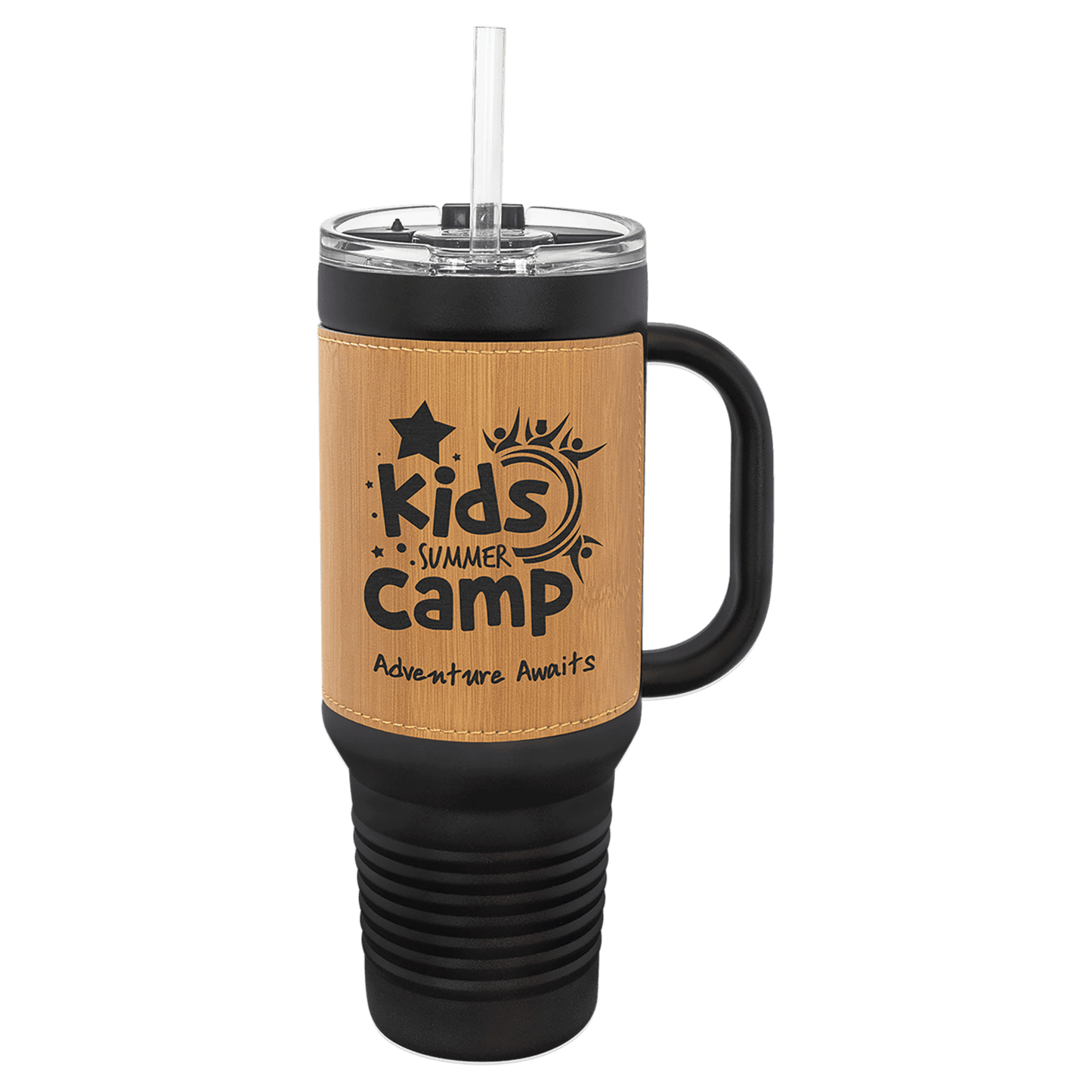 Black with Bamboo Polar Camel 40 oz. Laserable Leatherette Travel Mug with a Handle & Straw