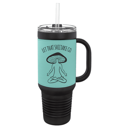 Black with Teal Polar Camel 40 oz. Laserable Leatherette Travel Mug with a Handle & Straw