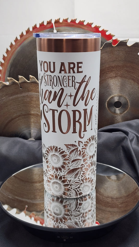 22oz Polar Camel Skinny Tumbler – White with Rose Gold Engraved "Stronger Than the Storm" Design